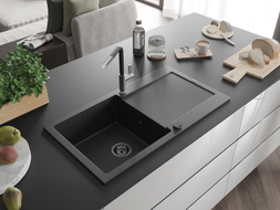 Mexen Leo granite kitchen sink 1-bowl with drainer and Flora kitchen faucet, black/silver metallic - 6501-73-670401-07-B