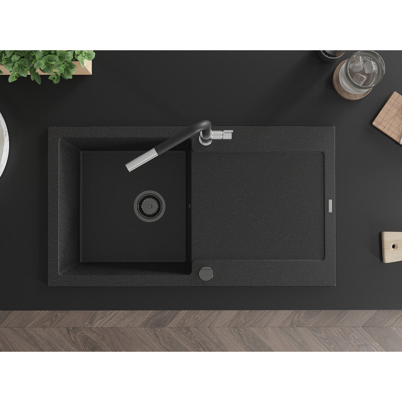 Mexen Leo granite single-bowl sink with drainer and Flora kitchen faucet, black/silver metallic - 6501-73-670401-07-B