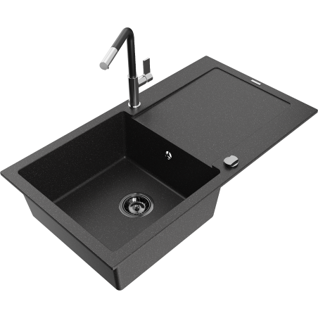 Mexen Leo 1-bowl granite sink with drainer and Flora kitchen tap, black/silver metallic - 6501-73-670401-07-B