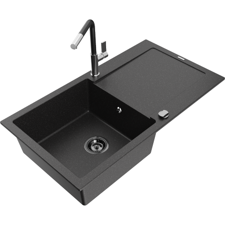 Mexen Leo granite single-bowl sink with drainer and Flora kitchen faucet, black/silver metallic - 6501-73-670401-07-B