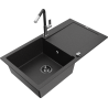Mexen Leo granite kitchen sink 1-bowl with drainer and Flora kitchen faucet, black/silver metallic - 6501-73-670401-07-B