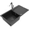 Mexen Leo granite single-bowl sink with drainer and Flora kitchen faucet, black/silver metallic - 6501-73-670401-07-B