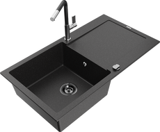 Mexen Leo granite kitchen sink 1-bowl with drainer and Flora kitchen faucet, black/silver metallic - 6501-73-670401-07-B