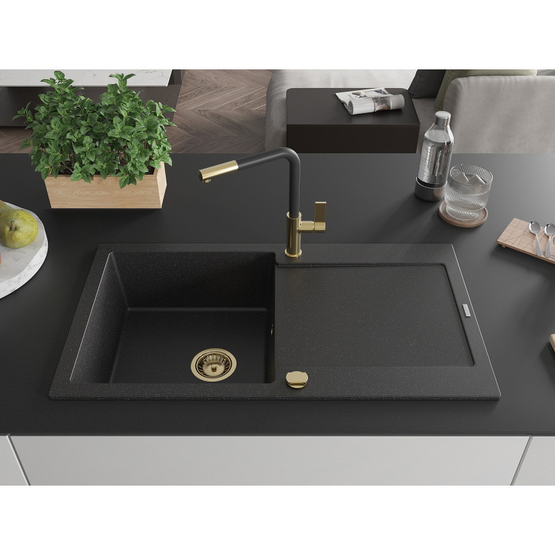 Mexen Leo 1-bowl granite sink with drainer and Flora kitchen faucet, black/silver metallic - 6501-73-670401-57-G