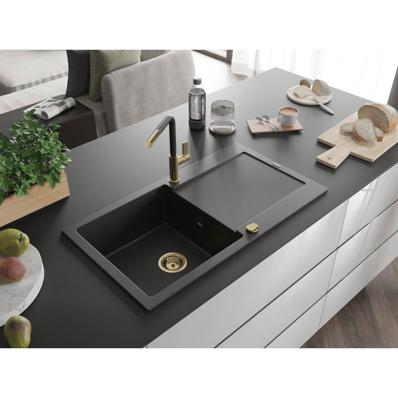 Mexen Leo 1-bowl granite sink with drainer and Flora kitchen tap, black/silver metallic - 6501-73-670401-57-G