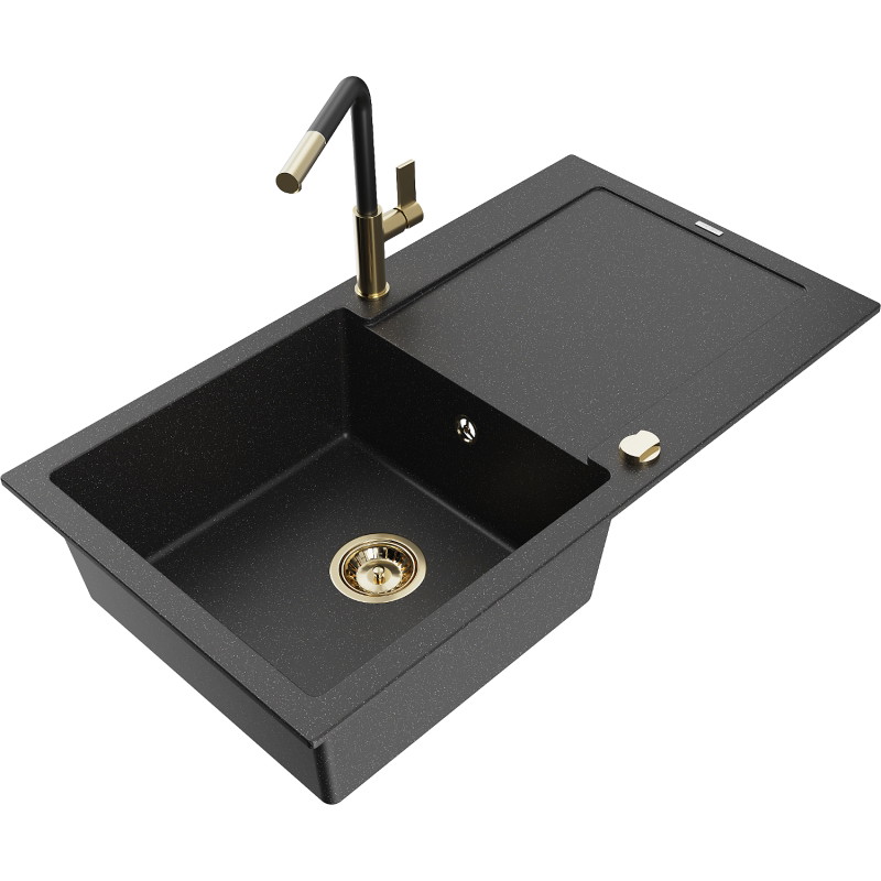 Mexen Leo 1-bowl granite sink with drainer and Flora kitchen faucet, black/silver metallic - 6501-73-670401-57-G