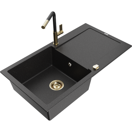 Mexen Leo 1-bowl granite sink with drainer and Flora kitchen faucet, black/silver metallic - 6501-73-670401-57-G