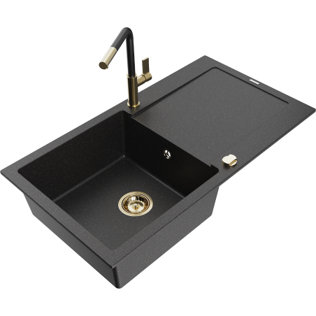 Mexen Leo 1-bowl granite sink with drainer and Flora kitchen tap, black/silver metallic - 6501-73-670401-57-G