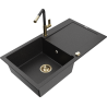 Mexen Leo granite sink 1-bowl with drainer and Flora kitchen faucet, black/silver metallic - 6501-73-670401-57-G