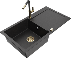Mexen Leo granite sink 1-bowl with drainer and Flora kitchen faucet, black/silver metallic - 6501-73-670401-57-G