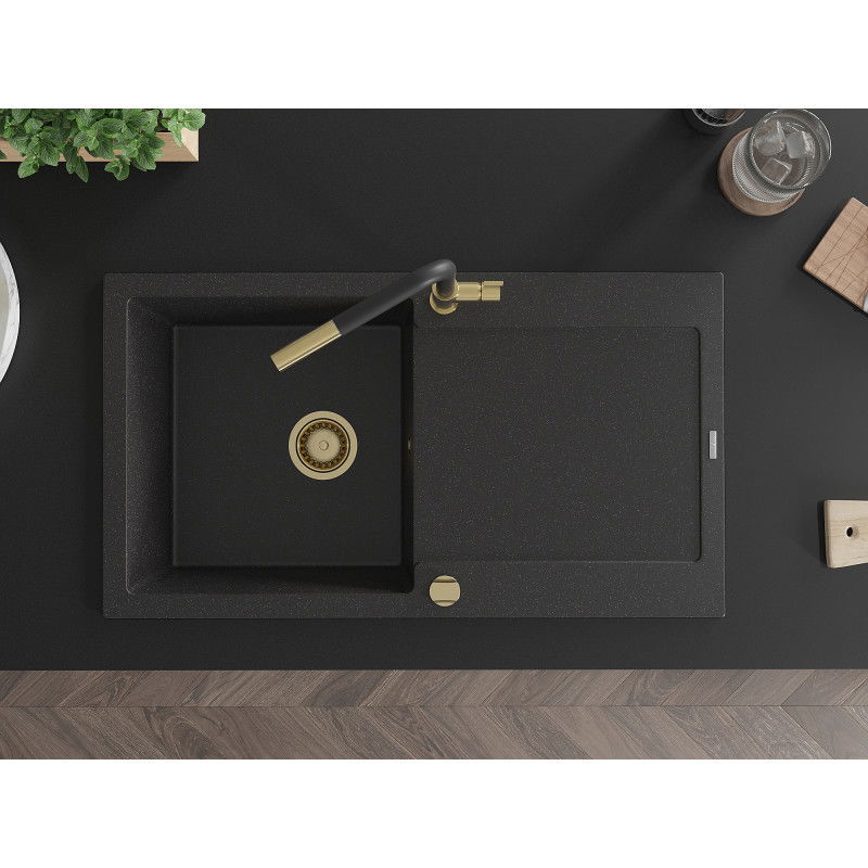 Mexen Leo 1-bowl granite sink with drainer and Flora kitchen tap, black/silver metallic - 6501-73-670401-57-G