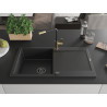 Mexen Leo granite kitchen sink 1-bowl with drainer and Flora kitchen faucet, black/silver metallic - 6501-73-670401-57-B