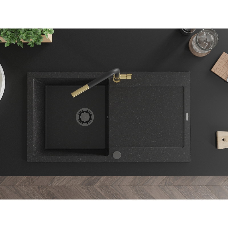 Mexen Leo 1-bowl granite sink with drainer and Flora kitchen faucet, black/silver metallic - 6501-73-670401-57-B