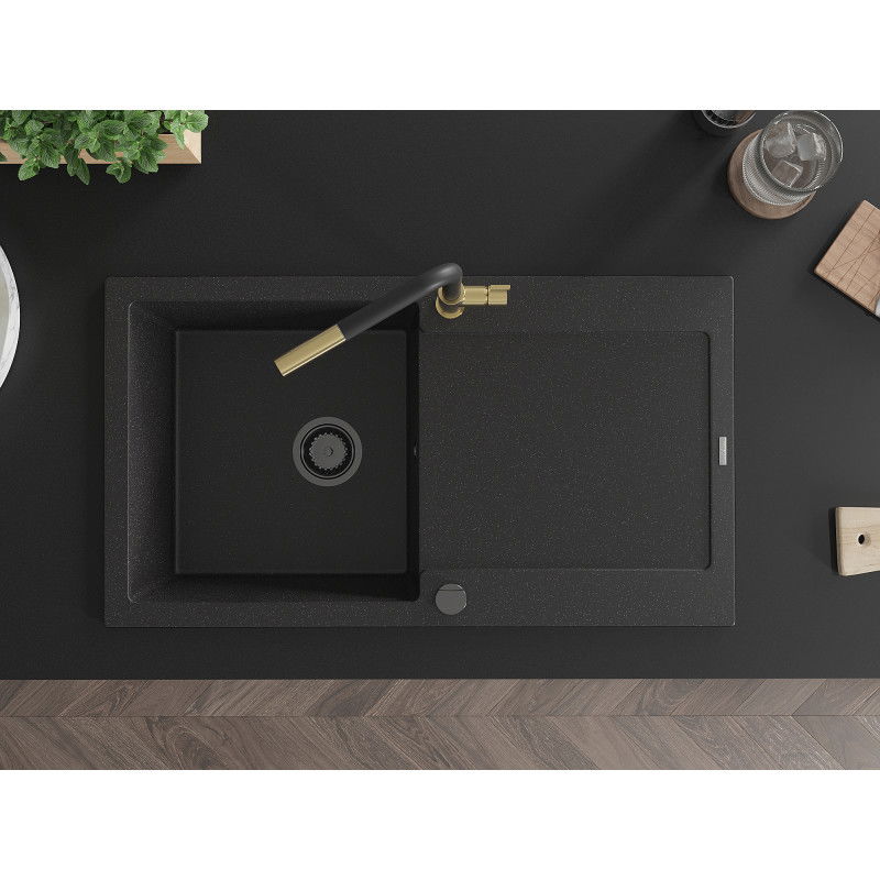 Mexen Leo granite sink 1-bowl with drainer and Flora kitchen tap, black/silver metallic - 6501-73-670401-57-B
