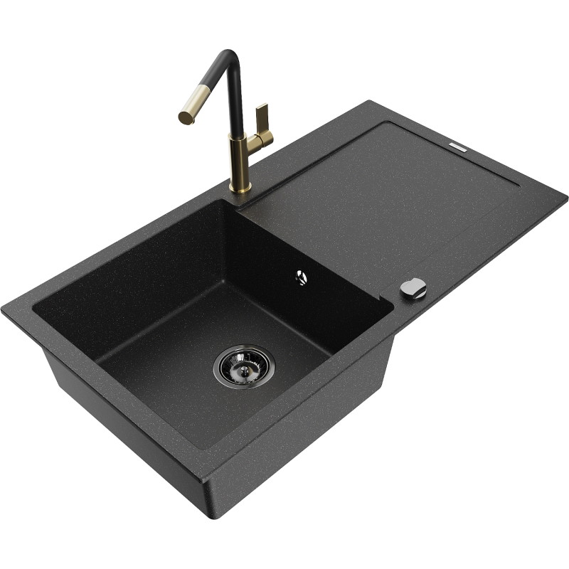 Mexen Leo granite kitchen sink 1-bowl with drainer and Flora kitchen faucet, black/silver metallic - 6501-73-670401-57-B