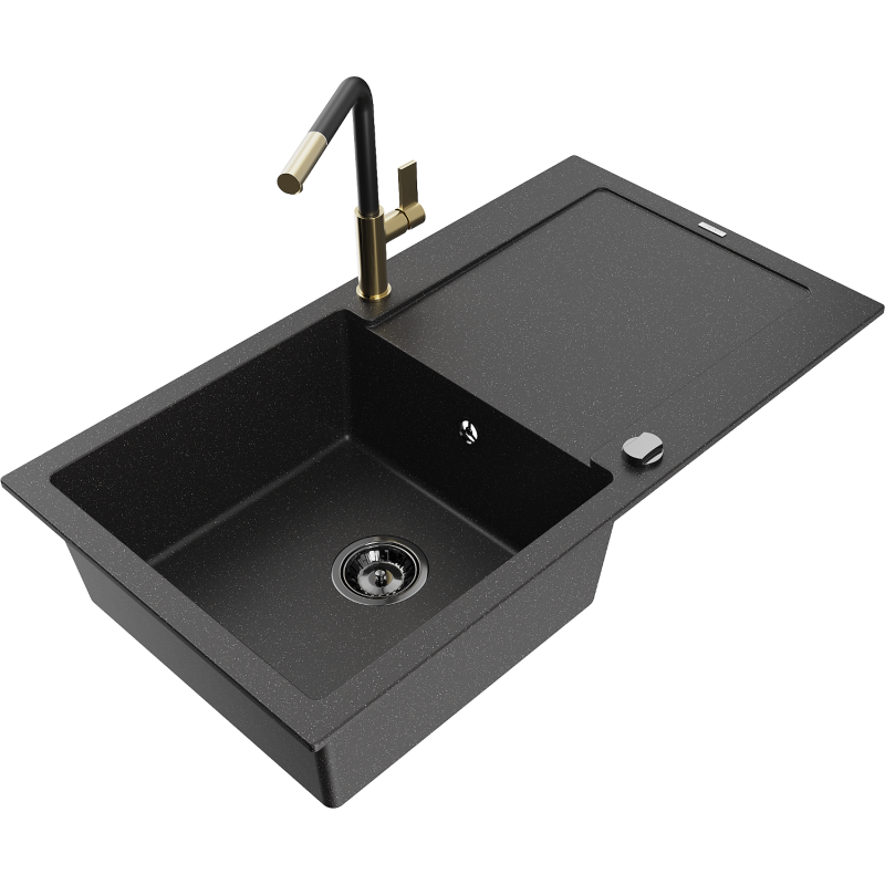 Mexen Leo granite sink 1-bowl with drainer and Flora kitchen tap, black/silver metallic - 6501-73-670401-57-B