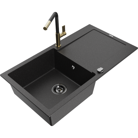 Mexen Leo granite sink 1-bowl with drainer and Flora kitchen tap, black/silver metallic - 6501-73-670401-57-B