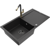 Mexen Leo granite kitchen sink 1-bowl with drainer and Flora kitchen faucet, black/silver metallic - 6501-73-670401-57-B