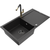 Mexen Leo granite sink 1-bowl with drainer and Flora kitchen tap, black/silver metallic - 6501-73-670401-57-B