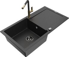 Mexen Leo granite kitchen sink 1-bowl with drainer and Flora kitchen faucet, black/silver metallic - 6501-73-670401-57-B