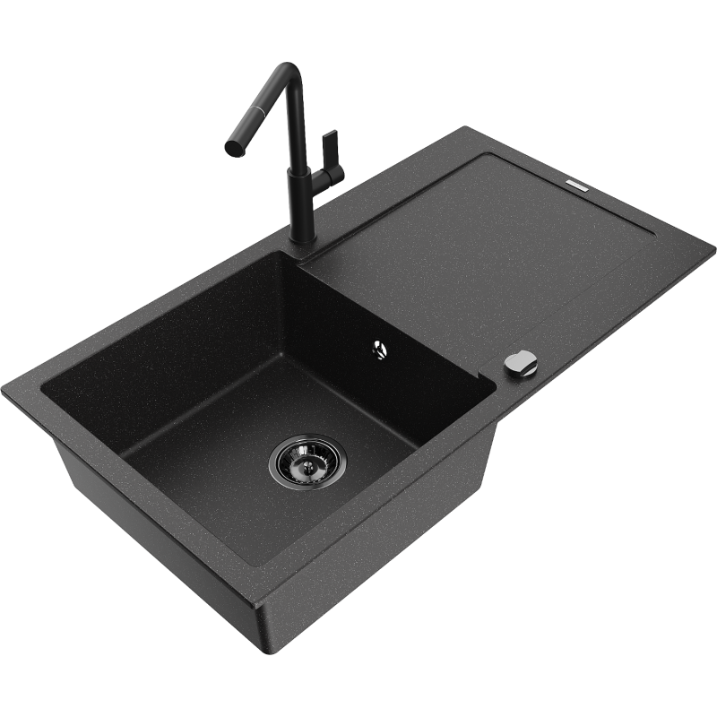 Mexen Leo 1-compartment granite sink with a drip tray and kitchen mixer tap Flora, Black/Silver metallic - 6501-73-670401-70-B