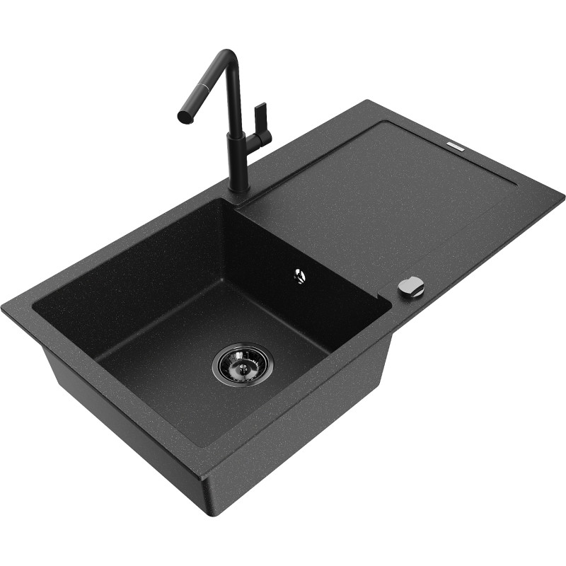 Mexen Leo granite kitchen sink single-bowl with drainer and Flora kitchen faucet, black/silver metallic - 6501-73-670401-70-B