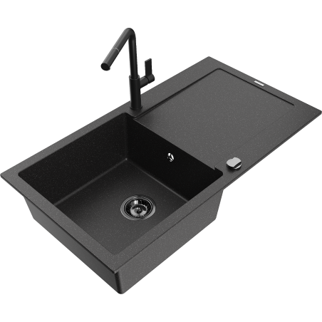 Mexen Leo granite kitchen sink single-bowl with drainer and Flora faucet, black/silver metallic - 6501-73-670401-70-B