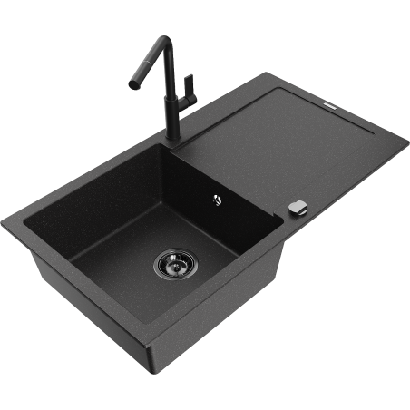 Mexen Leo granite kitchen sink single-bowl with drainer and Flora kitchen faucet, black/silver metallic - 6501-73-670401-70-B