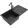 Mexen Leo granite kitchen sink single-bowl with drainer and Flora faucet, black/silver metallic - 6501-73-670401-70-B