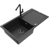 Mexen Leo granite kitchen sink single-bowl with drainer and Flora kitchen faucet, black/silver metallic - 6501-73-670401-70-B