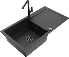Mexen Leo granite kitchen sink single-bowl with drainer and Flora kitchen faucet, black/silver metallic - 6501-73-670401-70-B