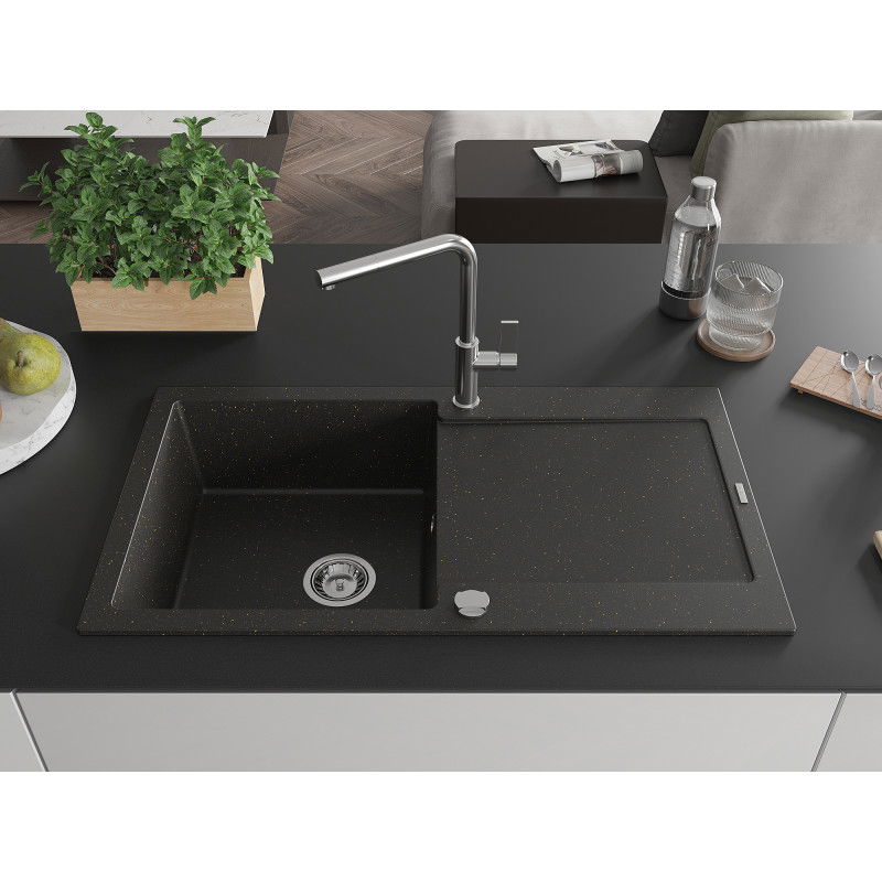 Mexen Leo 1-bowl Granite Sink with Drainer and Flora Kitchen Tap, Black/Gold Metallic - 6501-75-670401-00
