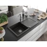 Mexen Leo 1-bowl Granite Sink with Drainer and Flora Kitchen Tap, Black/Gold Metallic - 6501-75-670401-00