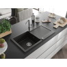 Mexen Leo granite sink 1-bowl with drainer and Flora kitchen faucet, black/gold metallic - 6501-75-670401-00