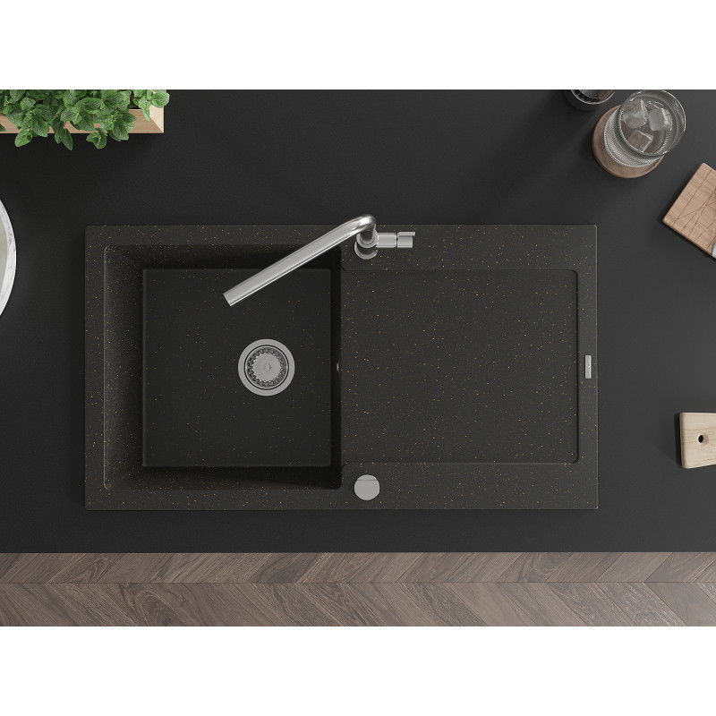 Mexen Leo 1-bowl Granite Sink with Drainer and Flora Kitchen Tap, Black/Gold Metallic - 6501-75-670401-00