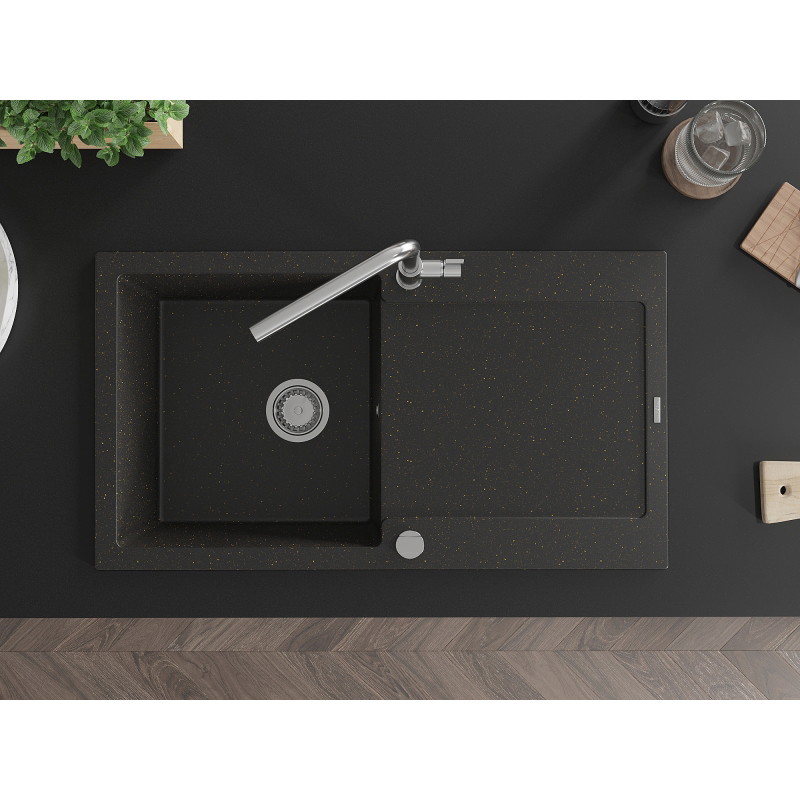 Mexen Leo granite sink 1-bowl with drainer and Flora kitchen faucet, black/gold metallic - 6501-75-670401-00