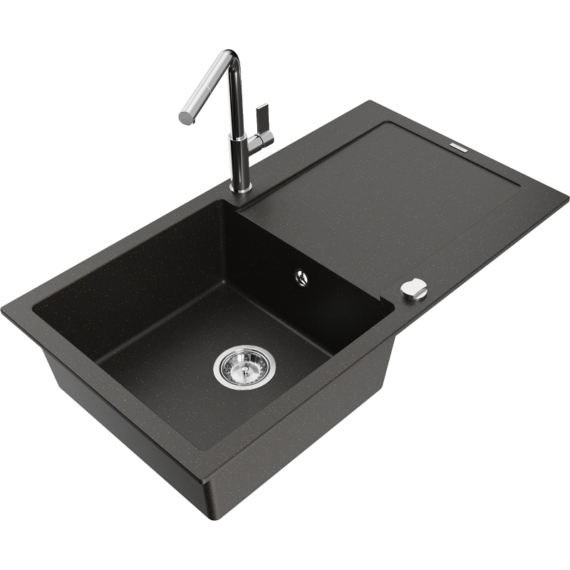 Mexen Leo 1-bowl Granite Sink with Drainer and Flora Kitchen Tap, Black/Gold Metallic - 6501-75-670401-00