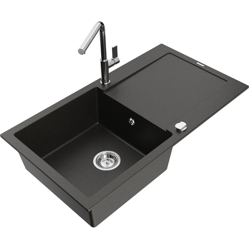 Mexen Leo granite sink 1-bowl with drainer and Flora kitchen faucet, black/gold metallic - 6501-75-670401-00