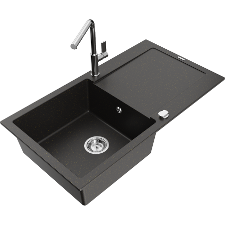 Mexen Leo 1-bowl Granite Sink with Drainer and Flora Kitchen Tap, Black/Gold Metallic - 6501-75-670401-00