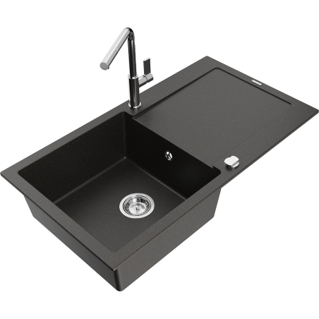 Mexen Leo granite sink 1-bowl with drainer and Flora kitchen faucet, black/gold metallic - 6501-75-670401-00