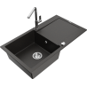 Mexen Leo 1-bowl granite sink with drainer and Flora kitchen faucet, black/gold metallic - 6501-75-670401-00