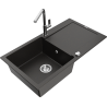 Mexen Leo granite sink 1-bowl with drainer and Flora kitchen faucet, black/gold metallic - 6501-75-670401-00