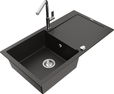 Mexen Leo 1-bowl granite sink with drainer and Flora kitchen faucet, black/gold metallic - 6501-75-670401-00