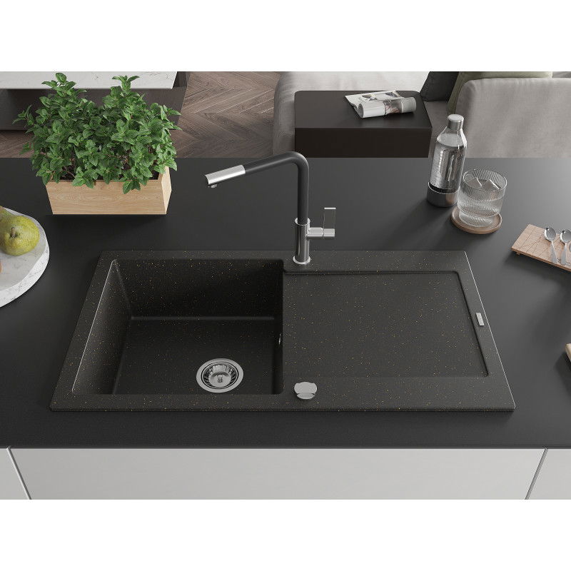 Mexen Leo granite kitchen sink 1-bowl with drainer and Flora kitchen tap, black/gold metallic - 6501-75-670401-07