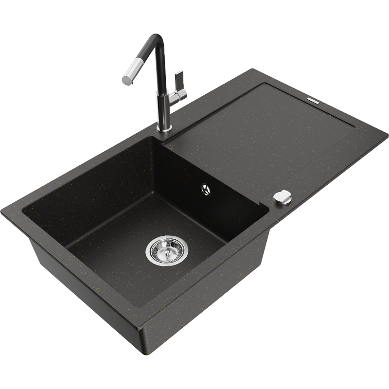 Mexen Leo 1-compartment granite sink with a drip tray and kitchen mixer tap Flora, Black/Gold metallic - 6501-75-670401-07