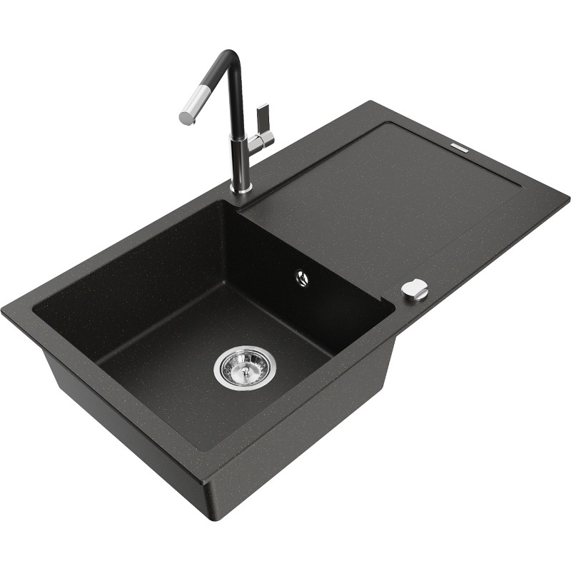 Mexen Leo granite kitchen sink 1-bowl with drainer and Flora kitchen faucet, black/gold metallic - 6501-75-670401-07
