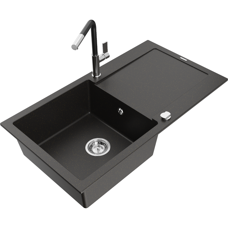 Mexen Leo granite kitchen sink 1-bowl with drainer and Flora kitchen tap, black/gold metallic - 6501-75-670401-07