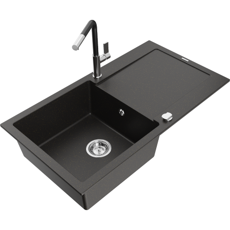 Mexen Leo granite kitchen sink 1-bowl with drainer and Flora kitchen faucet, black/gold metallic - 6501-75-670401-07