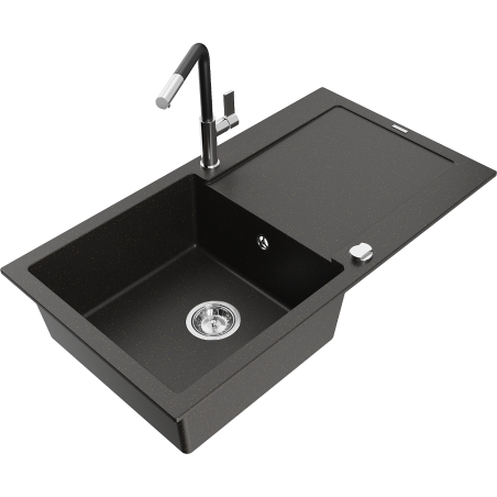 Mexen Leo granite sink 1-bowl with drainer and Flora kitchen faucet, black/gold metallic - 6501-75-670401-07