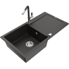 Mexen Leo granite kitchen sink 1-bowl with drainer and Flora kitchen tap, black/gold metallic - 6501-75-670401-07